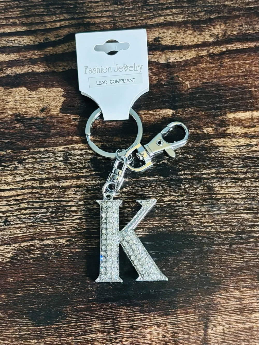 Silver Tone‎ Sparkling Crystal Rhinestone Letter K Key Ring with Clasp